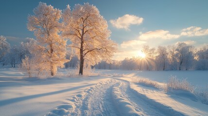 Serene Winter Sunrise Over Snowy Field with Frost-Covered Trees