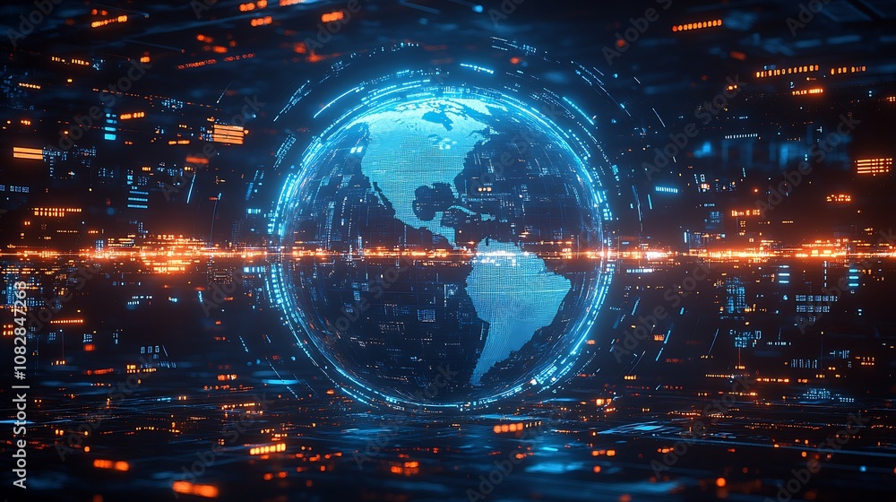 Poster Futuristic Digital Earth Hologram Surrounded by Dynamic Data Streams and Technology Innovation : Generative AI