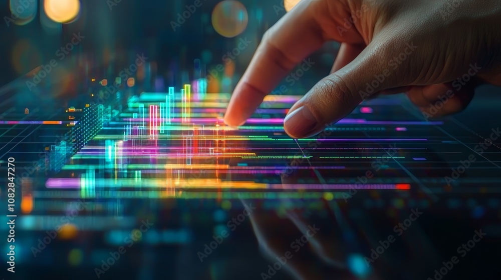 Poster interactive holographic project management timeline modern workspace data visualization digital envi