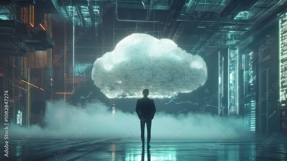 Poster futuristic scene with a digital transformation concept, showcasing cloud computing, ai, and encrypti