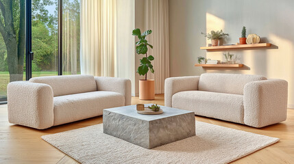 Modern minimalist living room with cozy bouclé sofas and concrete coffee table