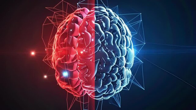 Digital brain divided in two parts, one red and one blue, with glowing dots and lines, representing the power of ai and its impact on human thinking