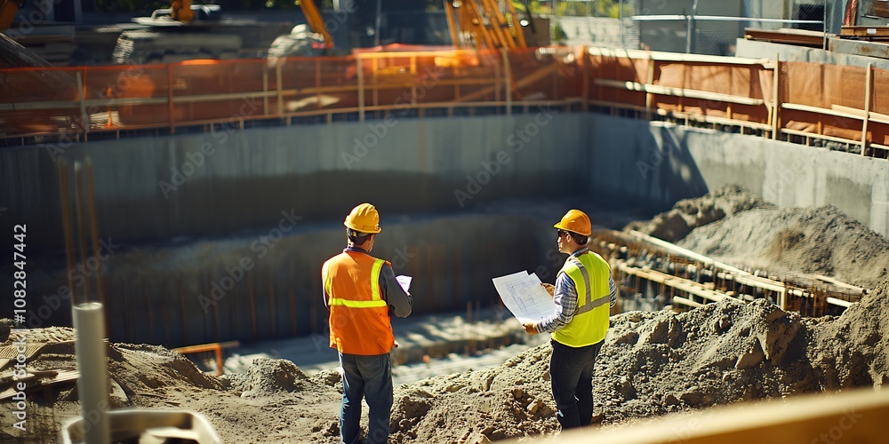Poster Construction Site with Engineers Examining Blueprints in Urban Development : Generative AI