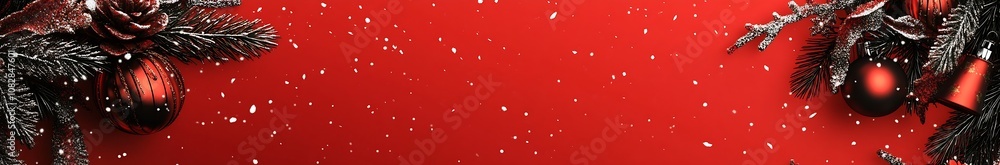 Poster red christmas background with snowfall and pine decorations for festive designs : generative ai
