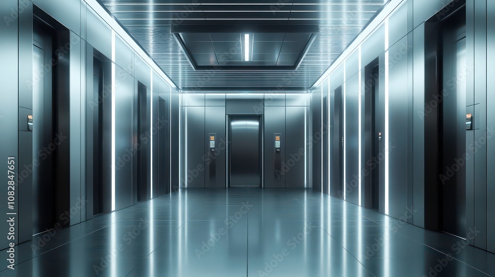 Canvas Prints futuristic elevator hall featuring multiple high-speed elevators in a sleek, modern skyscraper