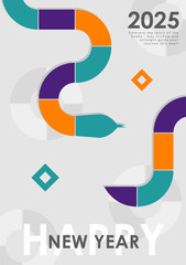 Template of modern geometric card, poster design for 2025 Year of the Snake with bold orange, cyan, purple segments forming a snake on white background with abstract circular pattern and greeting text