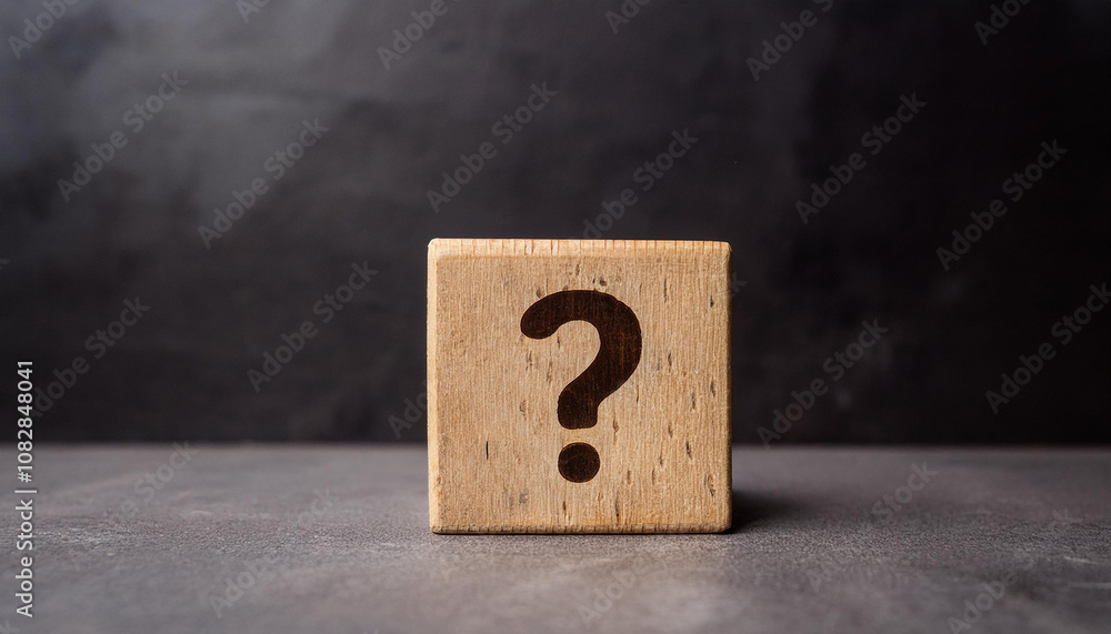 Poster wooden block with question mark. faq and qa. problem solution. wood cube. dark backdrop.