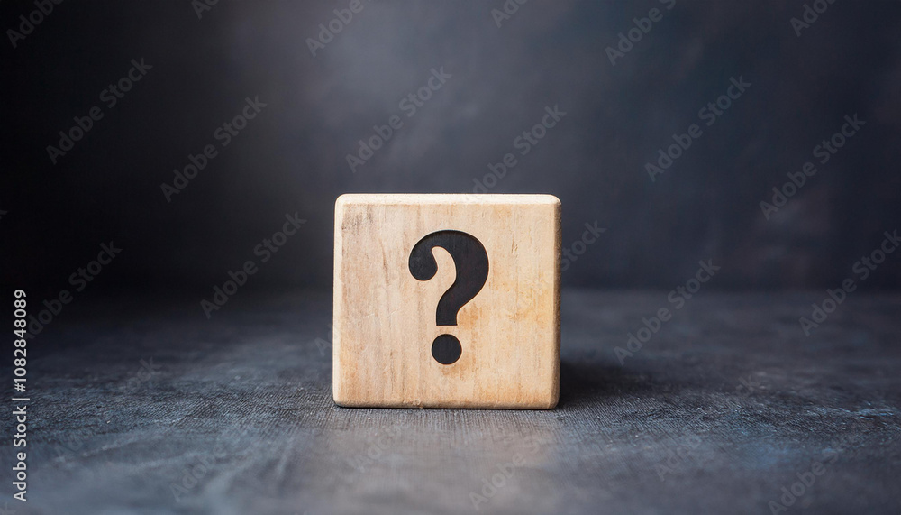 Poster wooden block with question mark. faq and qa. problem solution. wood cube. dark backdrop.