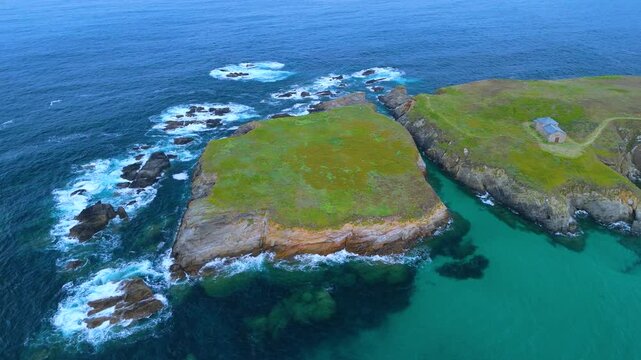 Aerial view from a drone of the coastal area, beaches and sea of ​​the Hermitage of Santa Comba in the parish of Covas. Ferrol. Province of La Coru&ntilde;a. Galicia. Spain. Europe