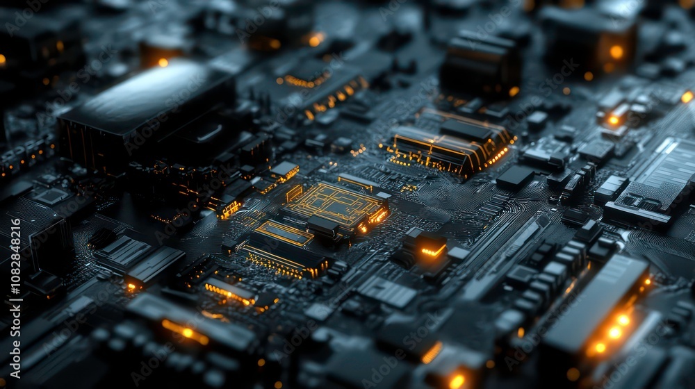 Poster futuristic digital landscape with architectural network and circuitry -