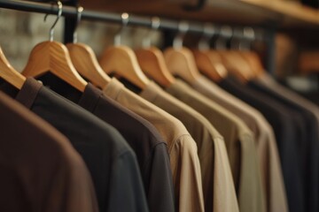 Minimalist clothing rack with a row of shirts in neutral colors.