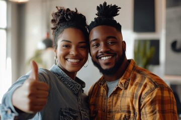 Portrait of a cheerful young couple giving a thumbs up, symbolizing positivity, love, and happiness in their relationship.