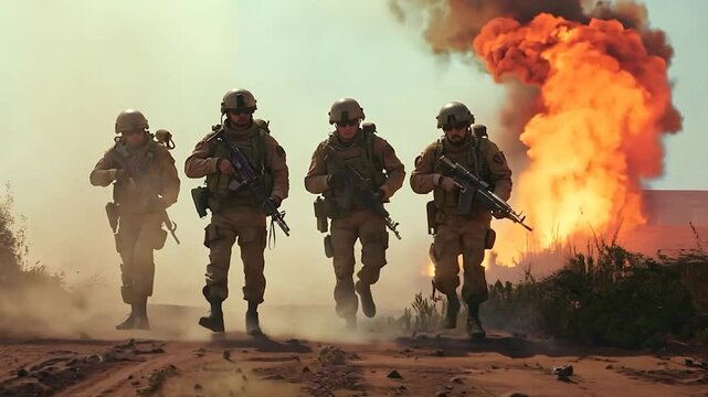 Soldiers in Combat Zone with Explosions in the Background