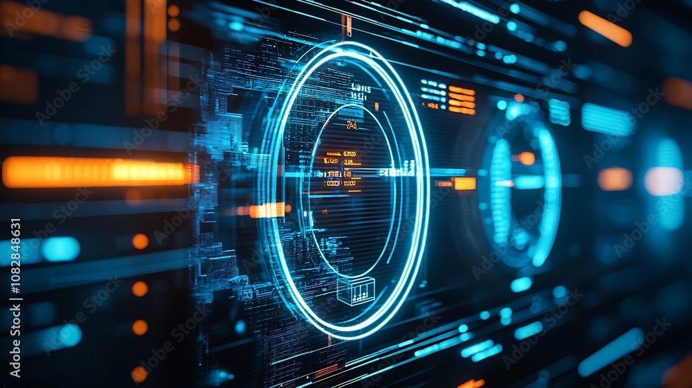 Poster High-Tech Virtual Interface with Digital Circles and Blue-Orange Elements for Modern Tech Concepts : Generative AI