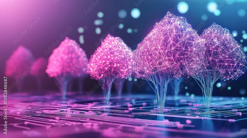 Poster future tech development concept with glowing neon trees on a circuit board background in a futuristi
