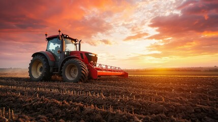 Fototapeta premium Tractor working in a vast sunset landscape.
