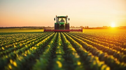 Tractor working in lush green fields at sunset.