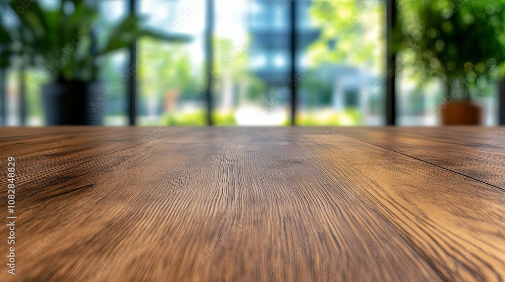 Poster a close-up of a wooden table surface with a blurry background of a window and greenery.