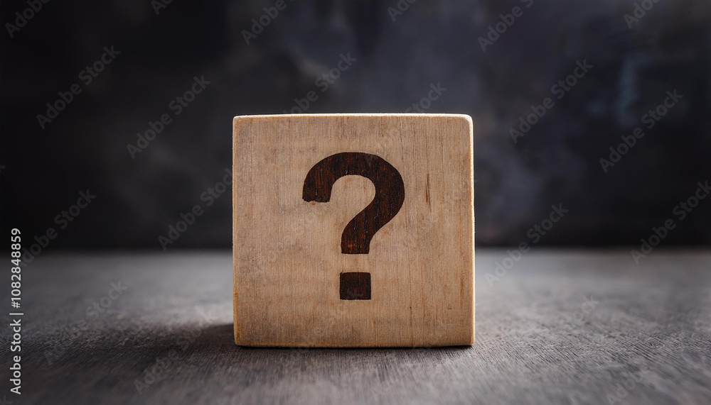 Poster wooden block with question mark. faq and qa. problem solution. wood cube. dark backdrop.