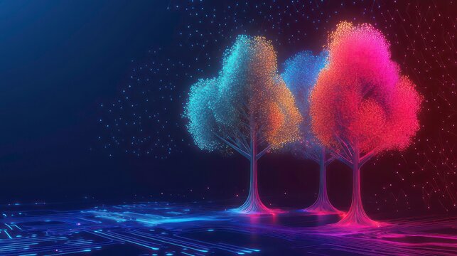 Three glowing trees in a digital landscape.