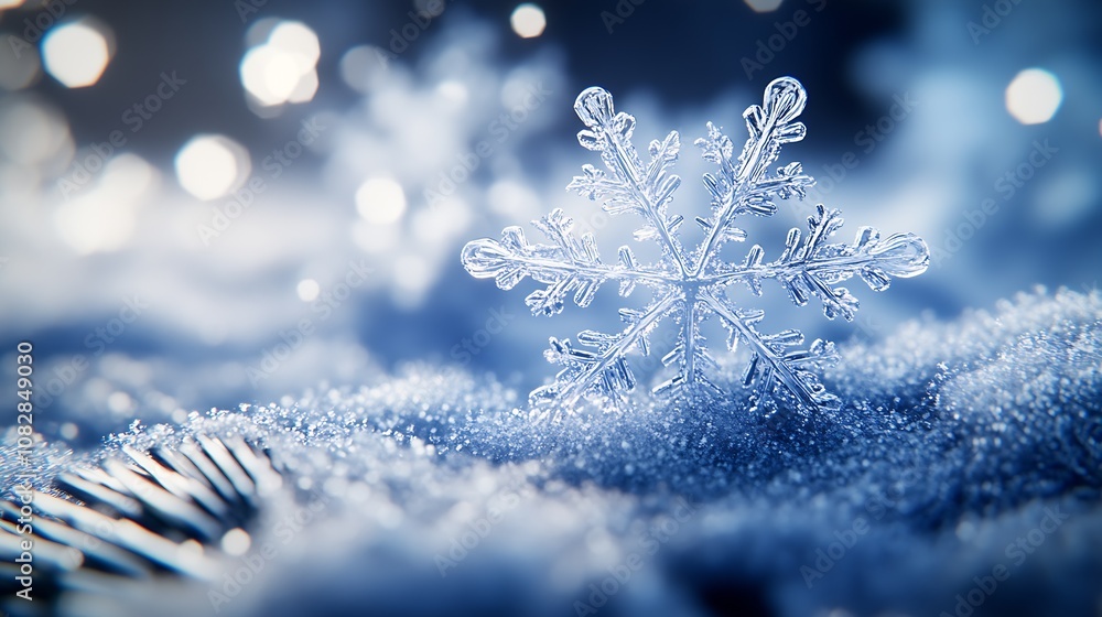 Poster macro view of a unique snowflake on soft snowy surface with bokeh lights : generative ai