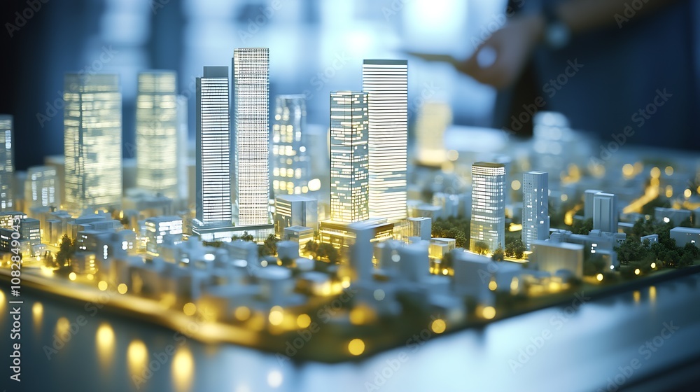 Poster scaled urban skyline model with skyscrapers illuminated at night : generative ai
