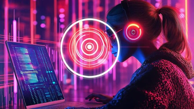 A woman wearing a headset is using a laptop computer to create a holographic visual chart.
