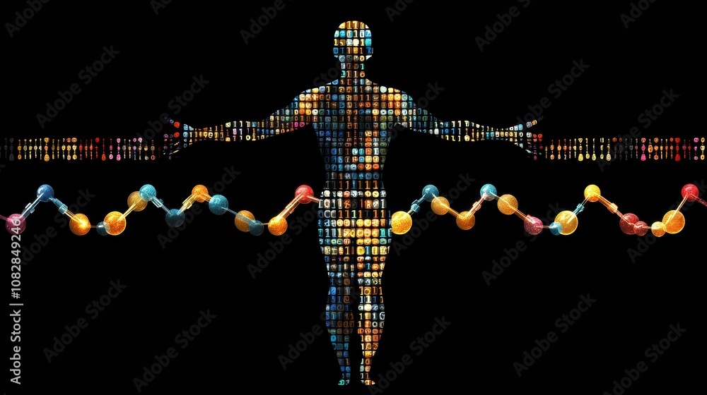 Aufkleber a human figure is superimposed on rows of dna symbols, illustrating the connection between genetics 