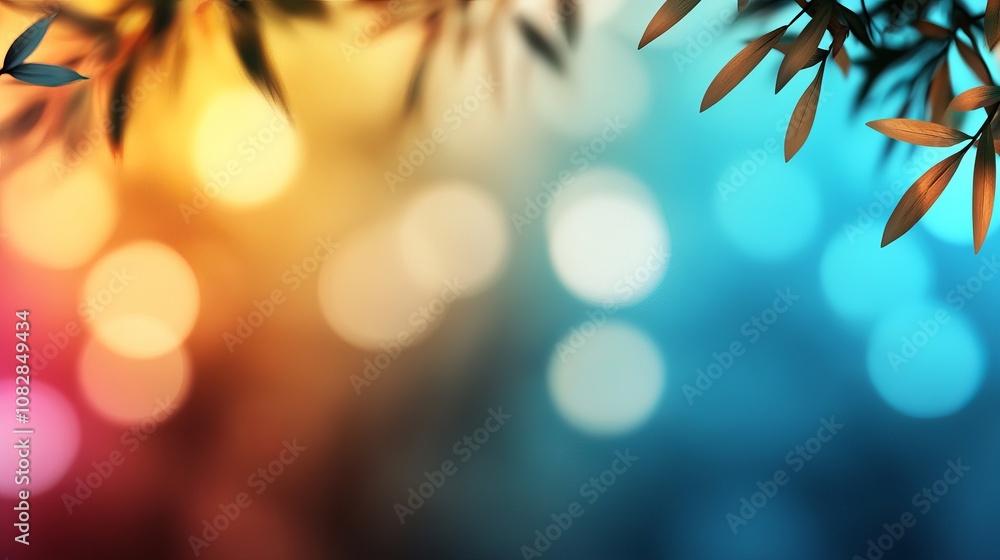 Poster silhouette of leaves against a blurred background of warm and cool colors. the abstract bokeh effect