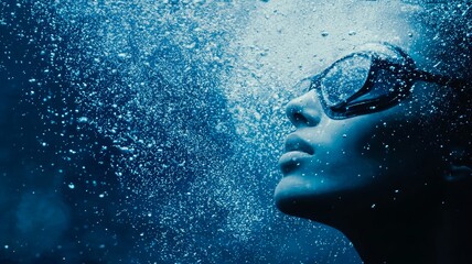 Fototapeta premium Underwater Portrait of a Contemplative Swimmer in Deep Blue