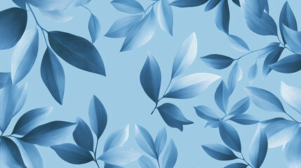 Fototapeta premium A serene blue background featuring delicate leaves, perfect for creating a calming atmosphere in various designs. Serene. Illustration