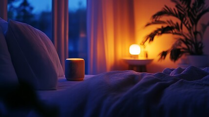 A cozy bedroom scene where an AI-powered smart speaker is playing soothing music, with ambient lighting automatically adjusted for relaxation