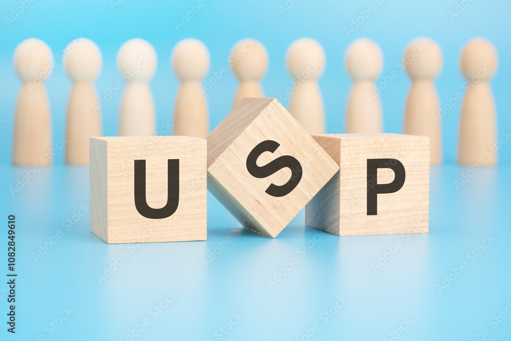 Poster exploring the unique selling proposition concept using the representation of wooden blocks