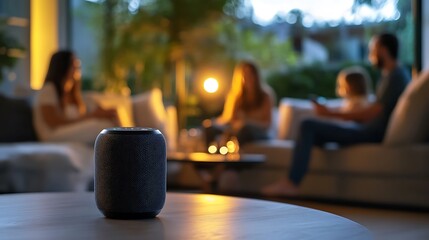 A smart home assistant device on a modern living room table, with a family interacting through voice commands to control lighting and temperature settings in the background