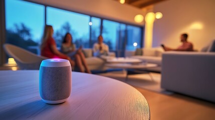 A smart home assistant device on a modern living room table, with a family interacting through voice commands to control lighting and temperature settings in the background