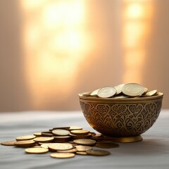 Traditional Bowl with Coins on a Plain Table