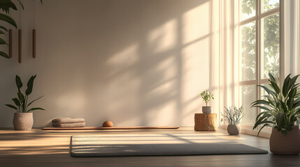 A serene home yoga studio with soft natural light, a yoga mat, and minimalistic decor, providing a peaceful environment for relaxation and meditation, with ample copy space. Serene. Illustration
