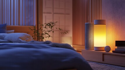 A cozy bedroom scene where an AI-powered smart speaker is playing soothing music, with ambient lighting automatically adjusted for relaxation