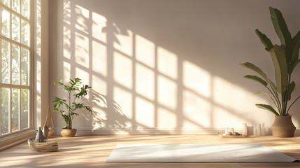 A serene home yoga studio with soft natural light, a yoga mat, and minimalistic decor, providing a peaceful environment for relaxation and meditation, with ample copy space. Serene. Illustration
