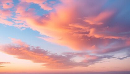 Naklejka premium Vivid Sunset Sky with Soft Pastel Clouds in a Tranquil Atmosphere