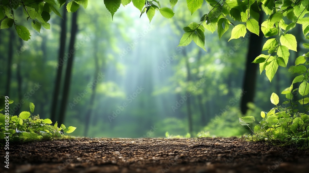Poster a soft, dappled light shines through the leaves of a lush forest, creating a serene and inviting atm