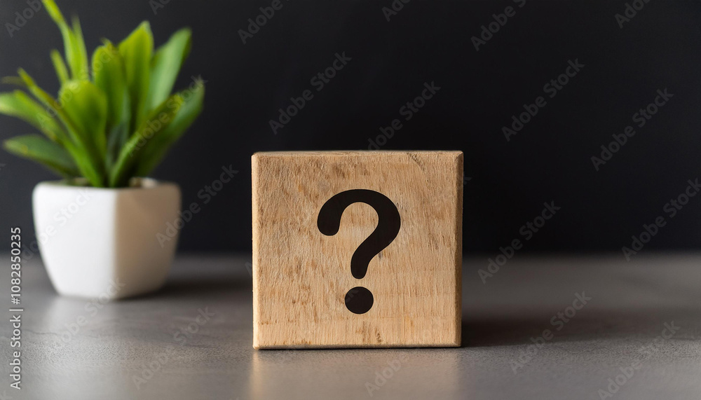 Poster wooden block with question mark, green plants on backdrop. faq and qa. problem solution.