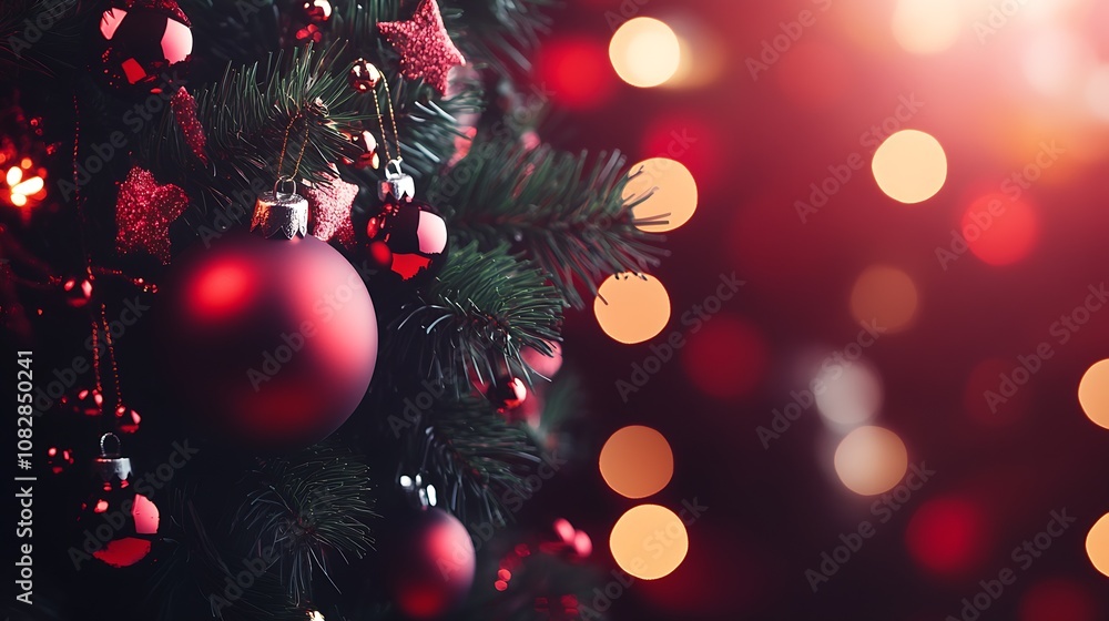 Poster elegant holiday christmas tree with red ornaments and soft bokeh lights effect : generative ai