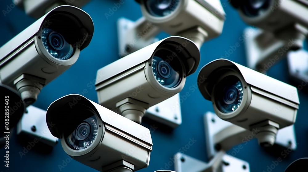 Poster Array of modern surveillance cameras mounted on blue wall for security monitoring : Generative AI