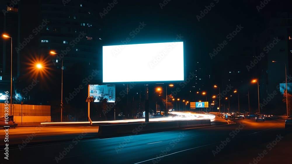Poster highway at night with bright blank billboard and flowing traffic lights : generative ai