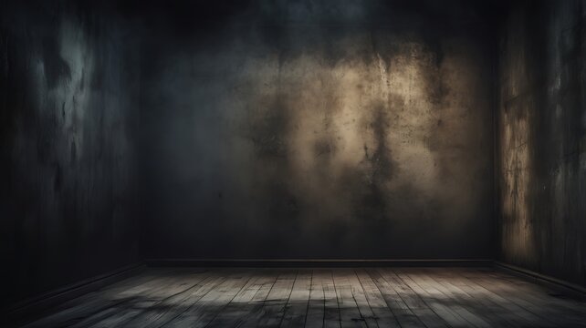 Dark moody room with wooden floor and hazy atmospheric lighting
