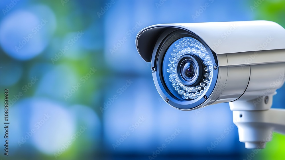 Poster high-tech surveillance camera with a blue background for modern security solutions : generative ai