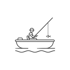 Line Drawing of a Fisherman in a Boat with a Fish on the Line