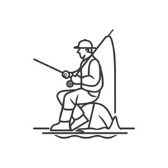 Line Drawing of a Fisherman Sitting on a Rock by the Water