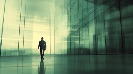 Fototapeta premium Professional businessman walking into a modern corporate building on a sunny day.